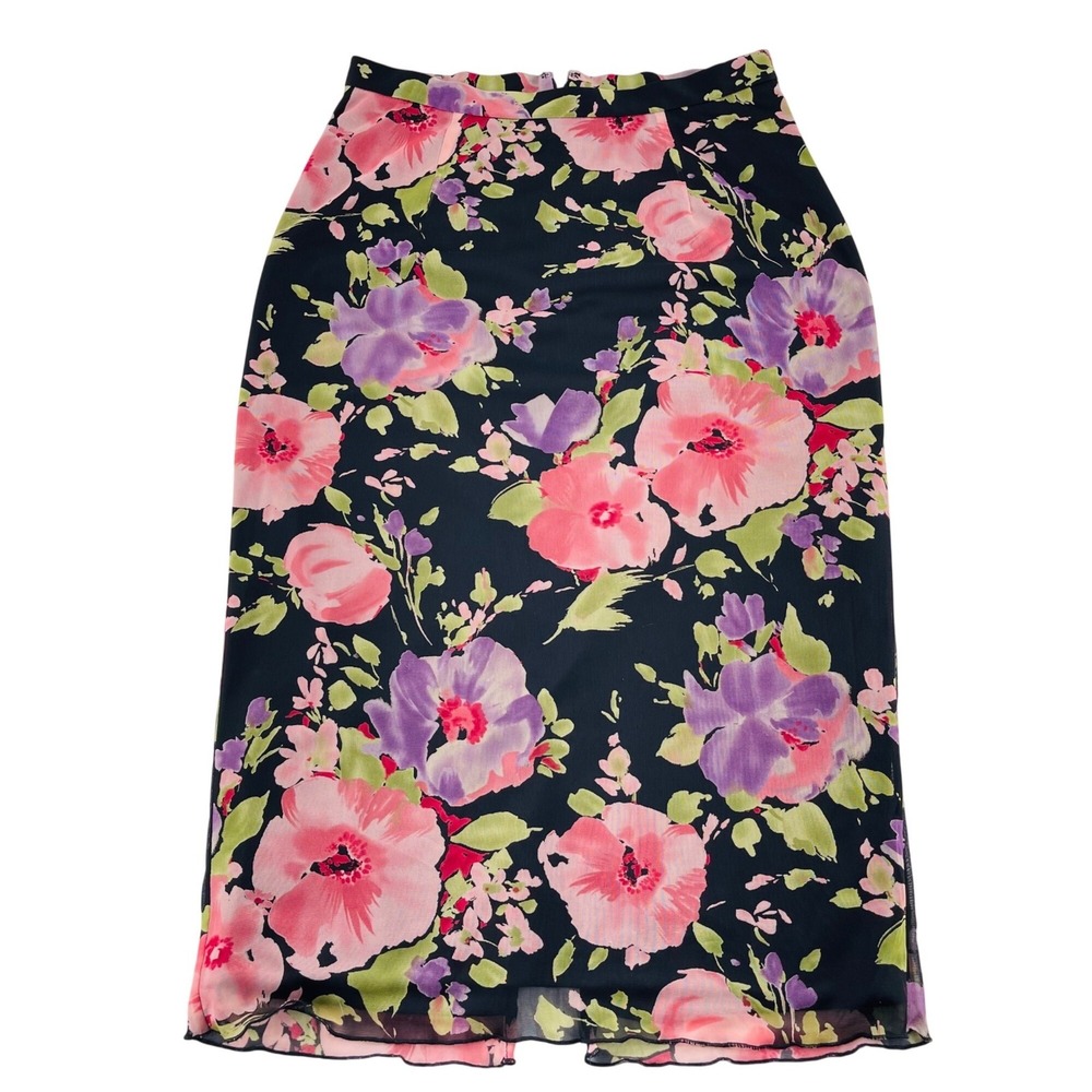Twyla & Blu Floral Print Pencil Skirt‎ Size 6 Black Pink Phoebe Buffay